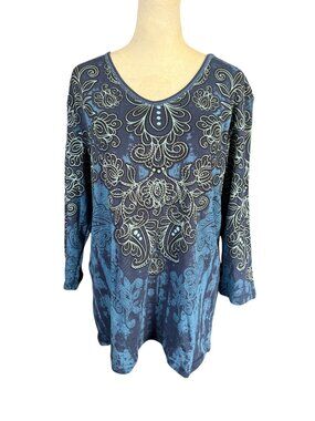 Cactus Bay women's blue floral embellished 3/4 sleeve v-neck pullover top XL